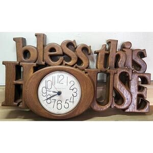 Vintage Wall Clock “Bless This House” By Burwood 1980’s Brown Wood Grain WORKS